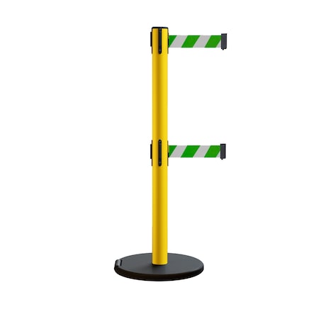 Montour Line Retractable Belt Dbl Rolling Stanchion 2.5ft Yellow Post 11ft. Grn/Wh P400DRL-YW-GWD-110